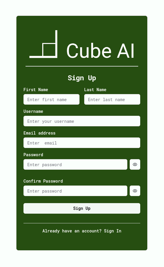 Sign up screen
